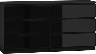 A black dresser with six drawers, presented against a black background.