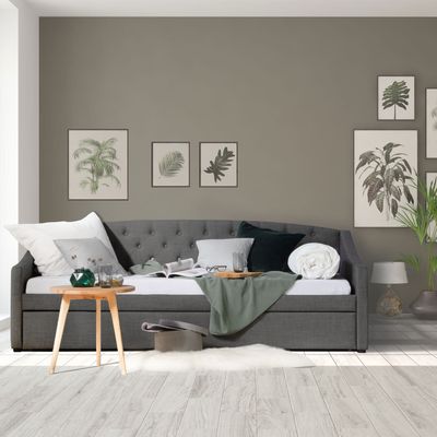 Homestyle4u 1924, Tagesbett Polsterbett 90x200 cm mit Bettkasten, Schlafcouch Gästebett Ausziehbar, Grau