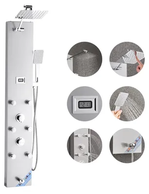 Image de VEVOR Panneau de douche système de tour avec pommeau de douche cascade d'eau de pluie, (124 cm) colonne de douche en acier inoxydable brossé, système de massage par la pluie pour montage mural