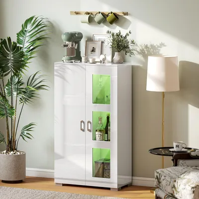 Produktbild von Highboard mit LED Vitrine Weiss Hochglanz 71x35x126 cm Modernes Buffet mit Glastüren & Glasböden Soft-Close Anrichte Wohnzimmerschrank