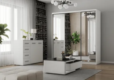 Produktbild von 2er-Set Schwebetürenschrank Schrank Kleiderschrank mit drei Spiegeln 203cm Pola und  Kommode 135cm Weiß/Weiß FRIDA 01