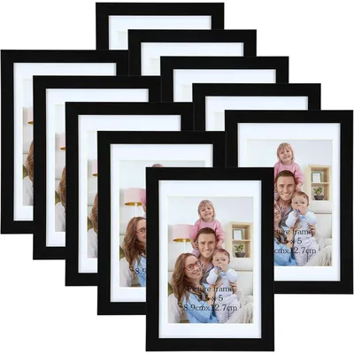 Zdjęcie produktu dla Zestaw 10 ram obrazowych, 9x13 cm, z ramką passepartout, kolor czarny, do zawieszenia na ścianie lub postawienia na stole, przeznaczonych do zdjęć o wymiarach 10x15 cm