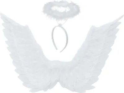A white angel costume set including wings and a halo, displayed against a white background.