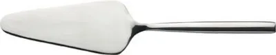 A stainless steel cake server on a white background.