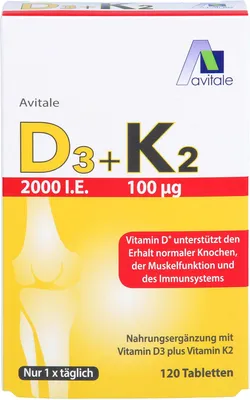 Produktbild von Avitale 2000 I.E. Vitamin D3 + K2 Tabletten unterstützt den Erhalt normaler Knochen, 120 St. Tabletten