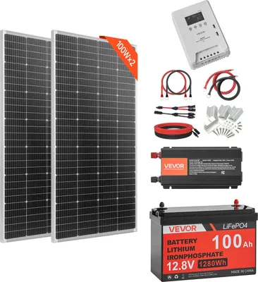 Obrázek produktu pro Kompletní solární systém VEVOR 400W, off-grid systém, včetně: 2x 200W monokrystalických solárních panelů, 12,8V 100Ah LiFePO4 baterie, 40A MPPT regulátoru a 12V 1000W měniče, fotovoltaický off-grid systém pro domácnost