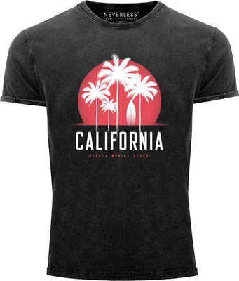 Produktbild von Herren T-Shirt California Palmen Santa Monica Beach Sommer Sonne Vintage Shirt PrintshirtNeverless® schwarz M