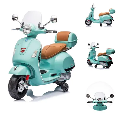 Zdjęcie produktu dla Motocykl dla dzieci Chipolino Vespa GTS Super z schowkiem z tyłu, odtwarzaczem MP3 i światłami, prędkość 2–3 km/h, kolor zielony