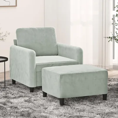 Produktbild von Hellgrauer Sessel mit Hocker, 60 cm, aus Samt