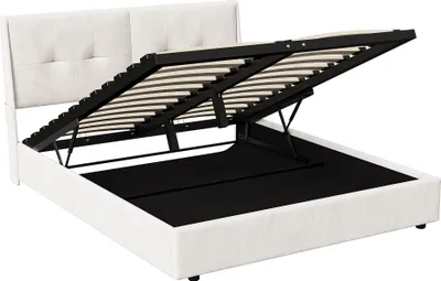 Produktbild von Bett mit Stauraum 140 x 200 cm, LED-Beleuchtung, gepolstertes Kopfteil, aufklappbarer Lattenrost, Beige