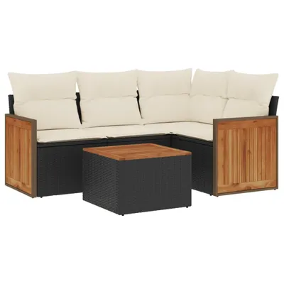 Produktbild von Modulares Gartenmöbel-Set, 5-tlg. Loungesofa mit Stauraum, PE-Rattan & Akazienholz, Schwarz, Cremeweiße Kissen, UV-beständig