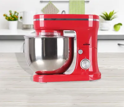 Produktbild von Küchenmaschine 1200W mit 5L Edelstahl-Rührschüssel , Rührbesen , Knethaken , Schlagbesen und Spritzschutz , 6 Geschwindigkeit Geräuscharm Teigmaschine Knetmaschine rot