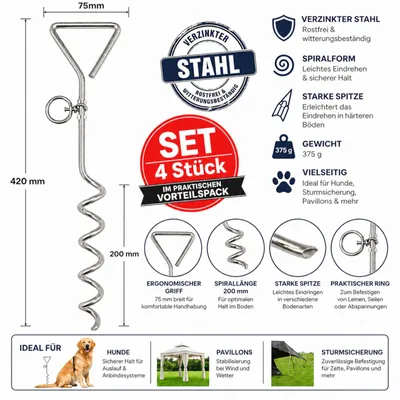 Produktbild von 4x Erdanker Bodenanker zum eindrehen 420 mm Sturmsicherung über 30cm Abspannset
