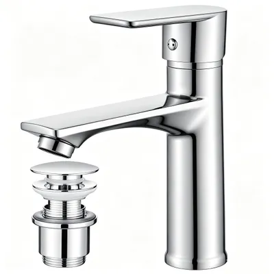 Produktbild von Homelody Chrom Wasserhahn Bad mit Universal Ablaufgarnitur Weiß, Armatur Mischbatterie Waschbeckenarmatur bleifreie mit Pop-Up Ventil Messing