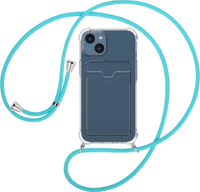 Produktbild von Handykette Backcover-Schutzhülle mit Band (Metall silberfarben) für Apple iPhone 15 - türkis
