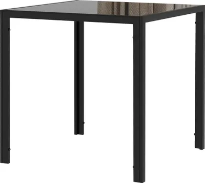 A square table with a glass top and black metal legs, isolated on a white background.