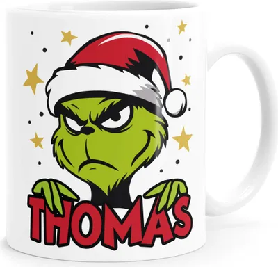 Produktbild von Tasse Weihnachten Grinch personalisierbar mit Name Wunschname Geschenkidee Weihnachtsmuffel MoonWorks®