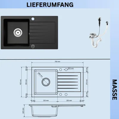 Produktbild von [Granitspüle 76x44 Schwarz]Hochwertig beidseitig Montierbar Küchenspüle Eckig Einbaugranitspüle Granit Spülbecken f. Unterschränke ab 45 cm inkl.Siphon Set