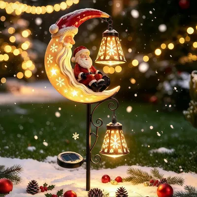Produktbild von Weihnachts-Solar-Gartenstecker, LED-Solarlichter mit Weihnachtsmann & Mond-Design, wetterfeste Deko für Garten, Terrasse, Rasen, 80 cm, Gartenleuchten