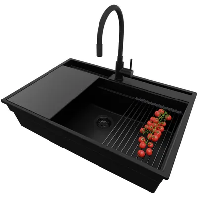 Produktbild von PRIMAGRAN Granitspüle Alles Schwarz 78x53cm, Spülbecken 1 Becken + Ablauf-Set + Küchenzubehörset, Küchenspüle ab 80er Unterschrank - Oslo Pocket
