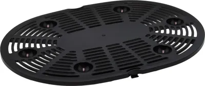 A black plastic grate with circular indentations and a slatted surface, viewed from a slightly elevated angle.