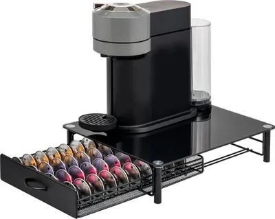 Image de eluno porte-capsules pour 40x Nespresso Vertuo, boîte à tiroirs, support de machine en verre métal et plaque de verre, boîte à capsules de café, distributeur de capsules env. 33,5 x 9 x 41 cm (L/H/P), verre noir