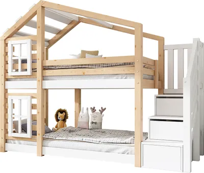 Produktbild von Etagenbett mit Speicherung und Rausfallschutz Kinderbett Hausbett Jugendbett in Fensterbauweise (Ohne Matratze) 90 x 200 cm Natur & Weiß