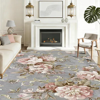 Immagine prodotto di Tappeto a pelo corto lavabile, 120x180 cm, motivo floreale rosa, antiscivolo, stile boho vintage
