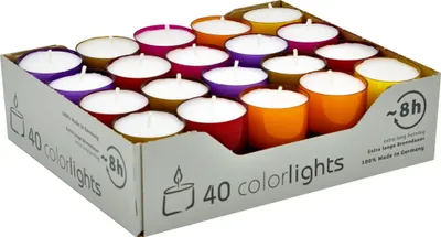 Produktbild von Teelichter Winterlights farbige Hülle Colorlights Nightlights 40 Stück 8 h