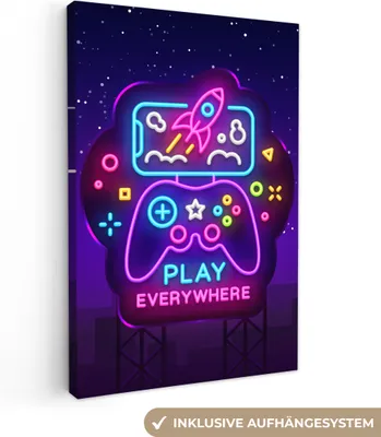 Obrázok produktu pre MuchoWow® - Obraz na plátne - Gaming - Neon - Gaming - Blue - Night - Controller, nástenná maľba, nástenné dekorácie obrazy obývacia izba, 80x120cm