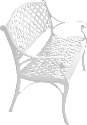 A white metal garden bench on a white background.