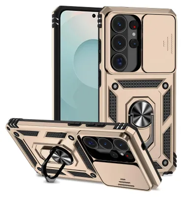 Immagine prodotto di Custodia per Samsung Galaxy S26 Ultra Custodia a doppio strato con copertura scorrevole per fotocamera e supporto ad anello Oro