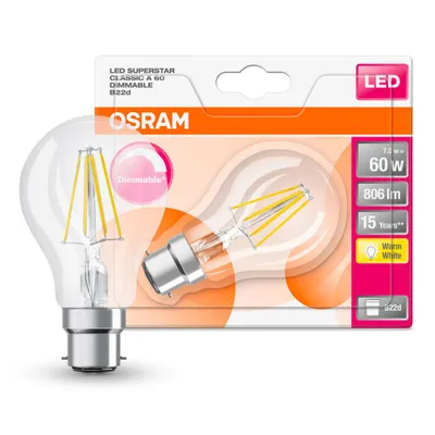 Produktbild von Osram LED Filament Classic Birnenform A60 7W = 60W B22d klar 806lm warmweiß 2700K Blister DIMMBAR