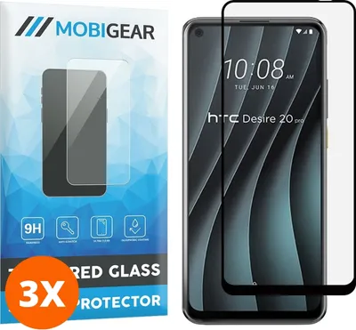 Produktbild von Mobigear Premium 9.98 HTC Desire 20 Pro Panzerglas Gehärtetes Glas Displayschutz - Hüllenfreundlich - Schwarz (3er Pack)