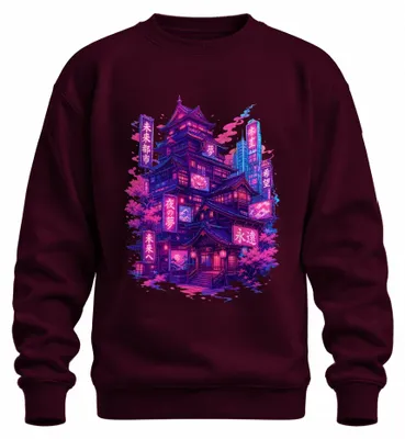 Zdjęcie produktu dla Bluza z kapturem w stylu cyberpunk, inspirowana Japonią, z motywem neonowego różowego kwiatu wiśni (sakura) i estetyką Tokio z przełomu XX i XXI wieku (Y2K), w stylu anime, kolor burgundowy, rozmiar S