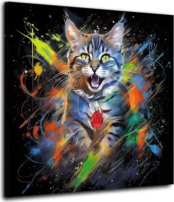 Produktbild von Splash Katze farbig Pop Art Leinwandbild Wandbild Kunstdruck XL Wanddeko: 120x120x4cm