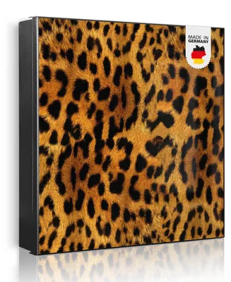 Produktbild von banjado Schlüsselkasten aus Metall, 30x30cm groß mit 32 Haken, als Magnettafel nutzbar, Korpus schwarz, Anschlag rechts, Leopard [SKG1 10060]