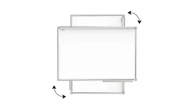 A whiteboard with an aluminum frame is shown from a top-down perspective, with arrows indicating it can be rotated.