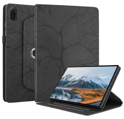 Image de Étui en similicuir à motif d'arbre pour Honor Pad X8a 11 pouces, rotation à 360 degrés, noir