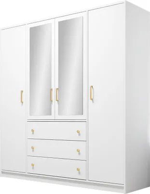 Produktbild von MIRJAN24 Drehtürenschrank Retro Lux D4 mit 4 Drehtüren und 3 Schubladen, Aluminiumgriffe in der Farbe Gold, Frontspiegel (Farbe: Weiß)