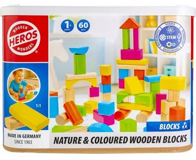 Image de HEROS - Blocs de construction en bois colorés 100 %  - 60 pieces - Des 1 ans