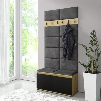 Produktbild von Garderoben-Set "Luka" mit Schuhregal und Polsterplatten, Ideal für Flur und Eingangsbereich (Artisan/Schwarz, Trinity 15)