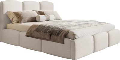 Image de Lit rembourré 160 x 200 Roma Slim avec coffre de rangement - mousse épaisse, sommier à lattes - Bouclé crème