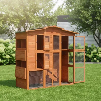 A wooden chicken coop with an attached run is set up on a green lawn in a backyard setting, with trees and bushes in the background.