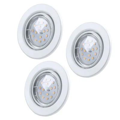 Three white LED recessed spotlights are arranged in a triangular formation against a white background.