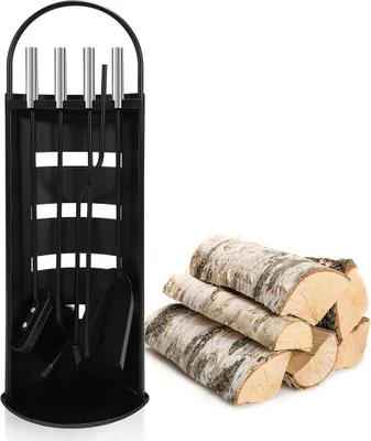 Immagine prodotto di Jayseuw Set di 5 pezzi per caminetto Set di stufe robusto set per caminetto in ferro poker nero