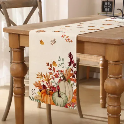 Zdjęcie produktu dla Bieżnik jesienny, pomarańczowy i zielony, z motywem liści i dyni, 33x183 cm, poliester, można prać