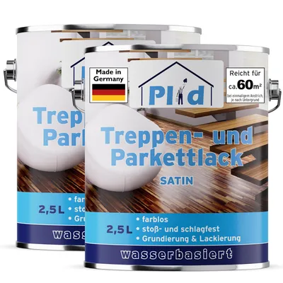 Produktbild von PLID® Treppen- & Parkett Klarlack 5L Farblos Satin – für ca. 60m² – Parkettsiegel & Holzlack zur Versiegelung von Holztreppen, Parkett & Holzböden