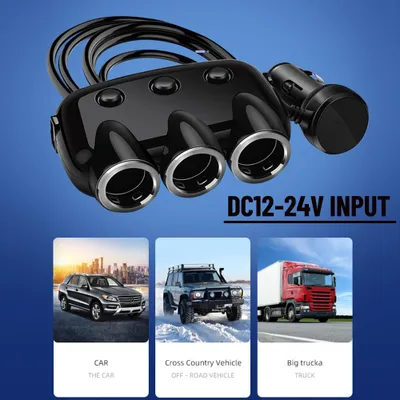 Obrázek produktu pro Nabíječka do auta, 3 zásuvky, dva porty USB, rozbočovací adaptér s přepínači