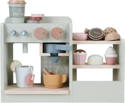 A wooden toy coffee station with various accessories.
